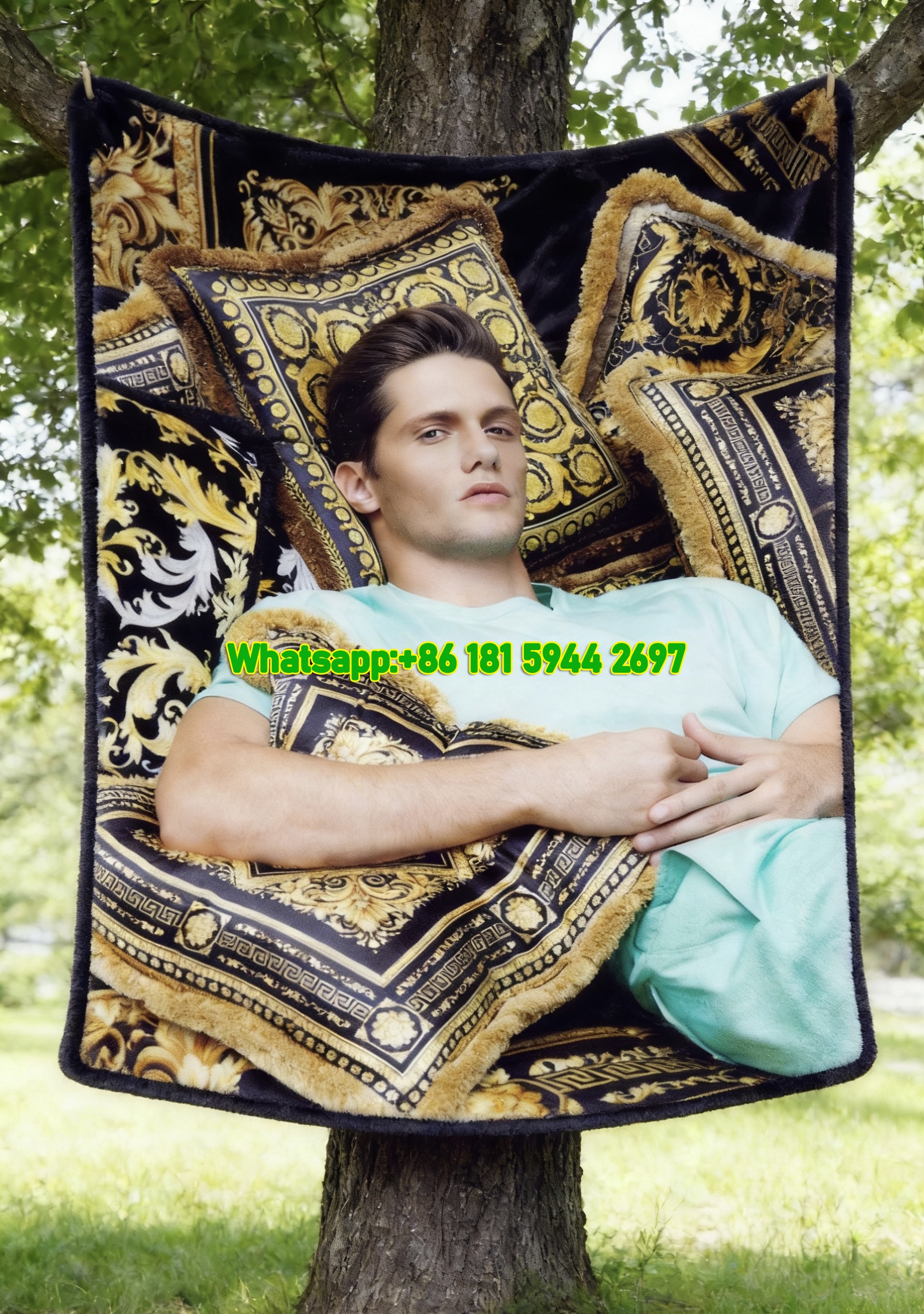 Versace Black Gold Baroque Pillow Print Flannel Sofa Throw Blanket IMG_1631